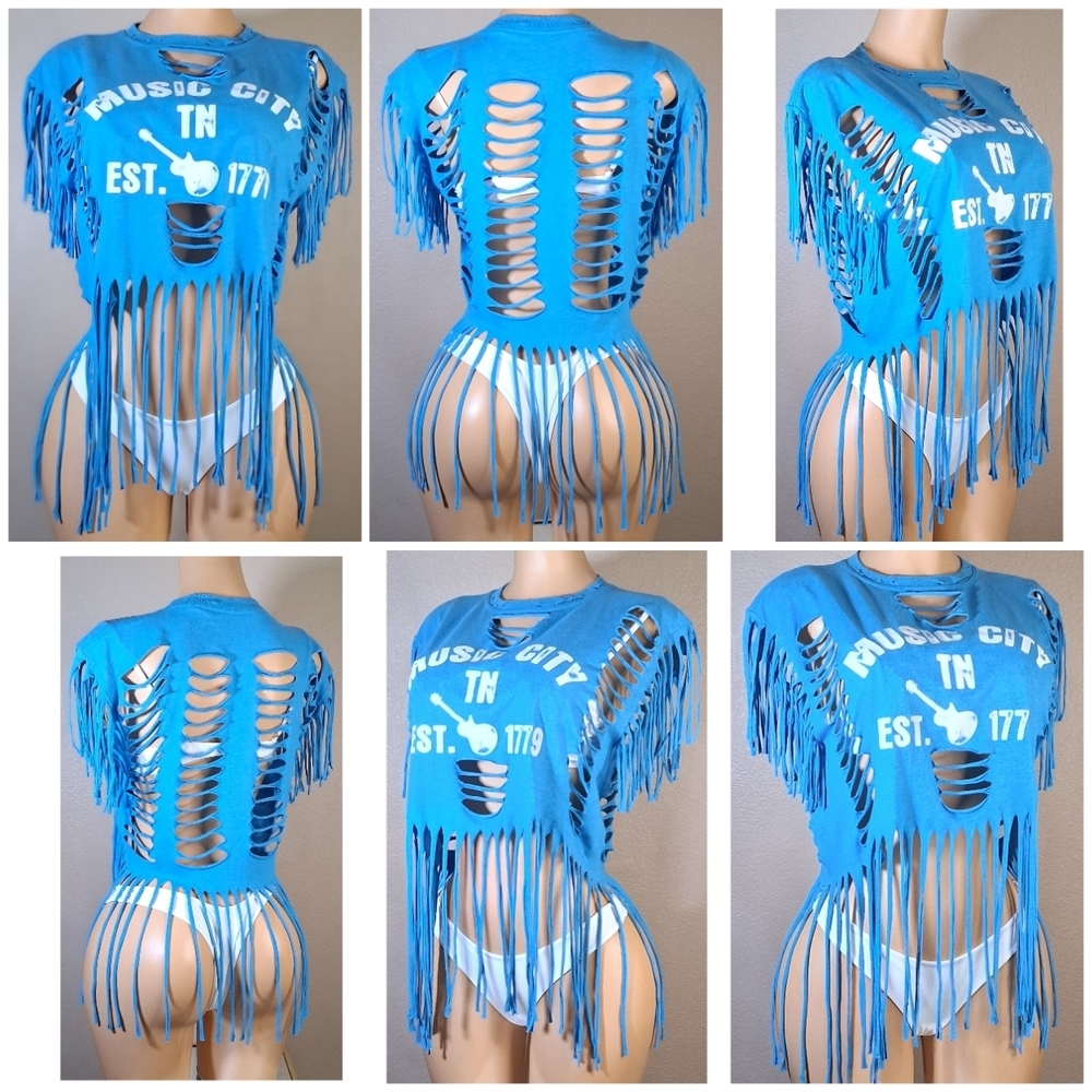 Trendy Blue Fringe Cutout Women's Tee